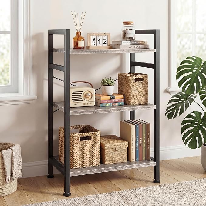 DUMOS 3 Tier Bookshelf, Home Office Bookcase Shelf Storage Organizer | Free Standing Open Display Storage Shelving Unit for Bedroom, Living Room Gray