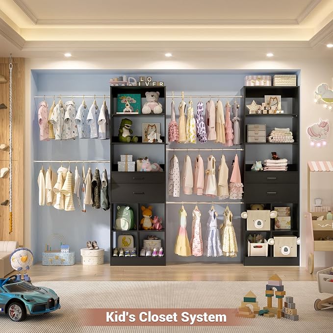 Besiost Closet System, 7.4ft-10ft with 4 Wooden Drawers and 5 Hanging Rods, Can Fit 88 to 123 inch Walk-in Closet System, Black