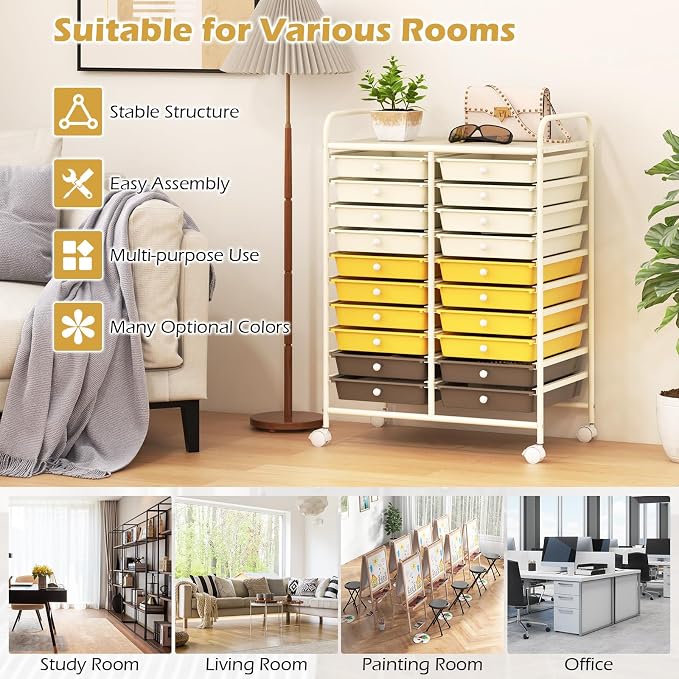 DREAMADE Rolling Cart With Storage Drawers, Utility Cart With Removable Plastic Drawers, Lockable Wheels for Classroom Organization, Art Supplies, Office, Scrapbook (20 Drawers, Yellow)