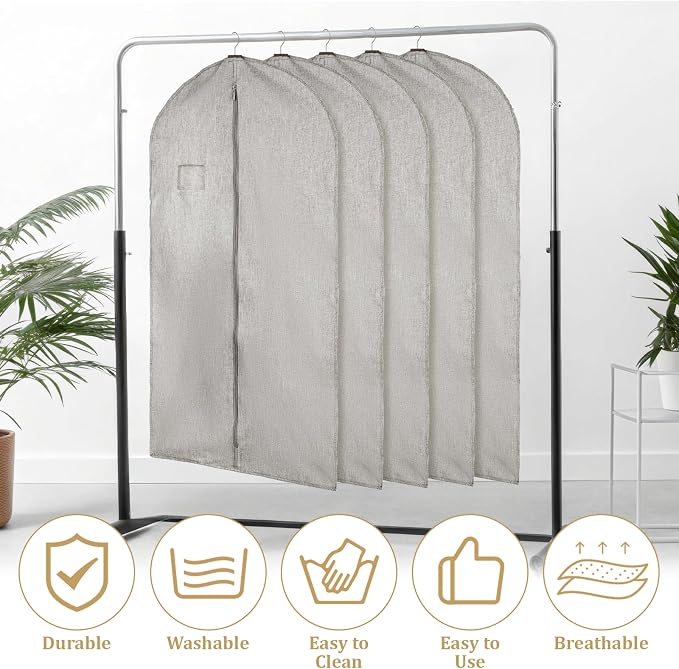 5 Packs Cotton Garment Bag for Hanging Clothes, 40" Breathable Hanging Suit Cover, Linen Garment Bags for Clothes Coats, Leather Jackets, Sweaters and Closet Storage