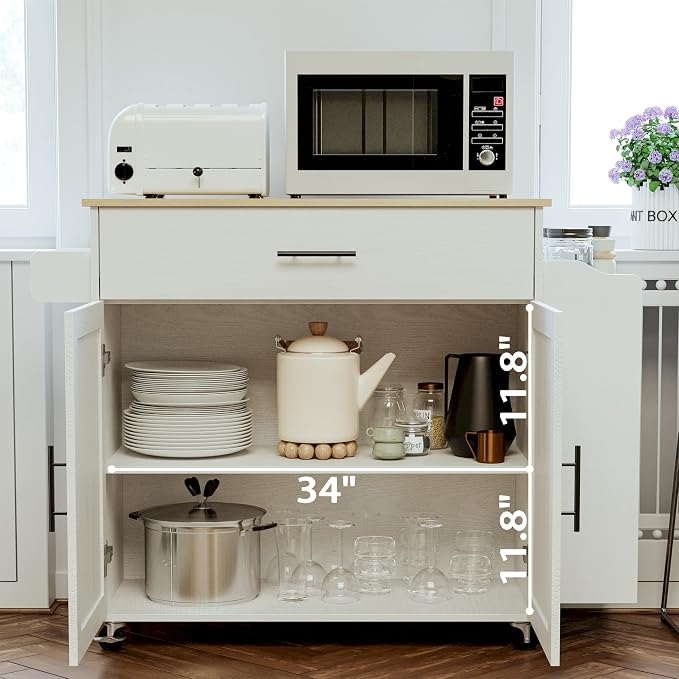 IRONCK Kitchen Island with Storage, Charging Station and Drop Leaf, White | Wheels, Drawers, Open Shelves, Drawer Storage, Everyday Home Use
