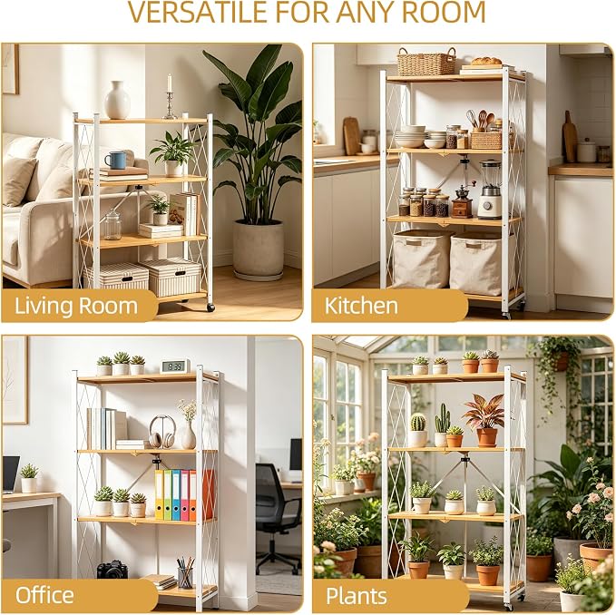 4-Tier Folding Storage Shelves with Wheels – No Assembly, Heavy Duty Collapsible Rolling Shelf Unit for Kitchen, Bedroom, Living Room