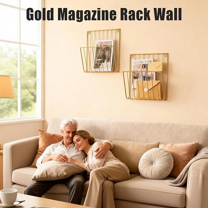 2-Pack Wall Magazine Rack, Magazine Holder Wall Mounted for Space-Saving, Walls Magazine Holder for Mail, Bathroom & Home Office Organizer, Office Living Room(Gold)
