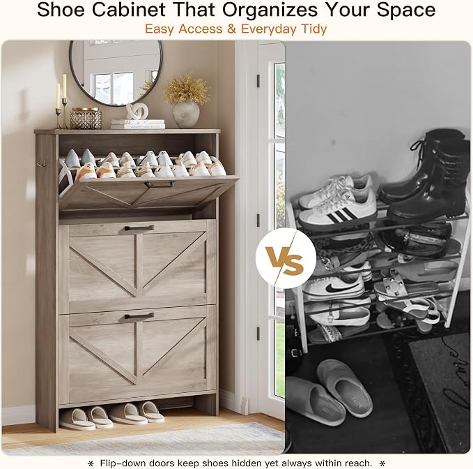 Nicetree Farmhouse Gray Shoe Cabinet – Ultra Slim 3-Drawer Flip Organizer with Shaker Barn Door Accents, 3 Adjustable Shelves, and Freestanding Compact Design, Shoe Rack Stores Multiple Pairs