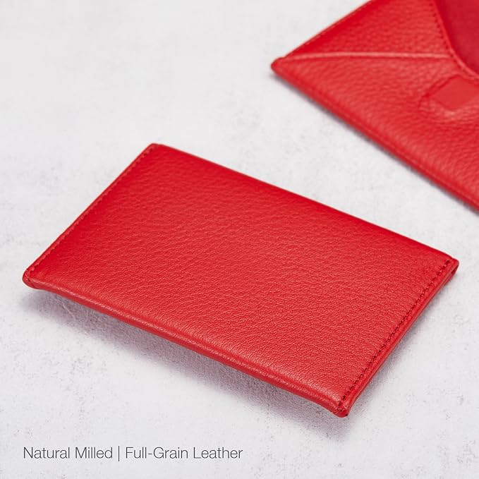 HISCOW Italian Pebbled Leather Business Card Holder, Minimalist Full Grain Envelope Card Case with Hidden Magnetic Closure, 0.19 Inch Slim Front Pocket Wallet for Men and Women, Rosso Red