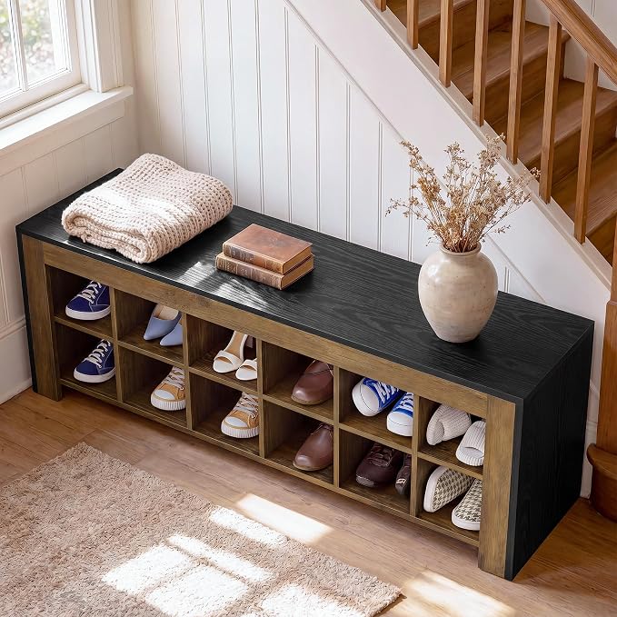 Tribesigns 48-inch Farmhouse Entryway Bench, Wooden Shoe Storage Bench with 12 Cubbies & Compartments, Shoe Rack Organizer, Freestanding Shoe Cabinet for Hallway, Mudroom, Cloakroom, Bedroom