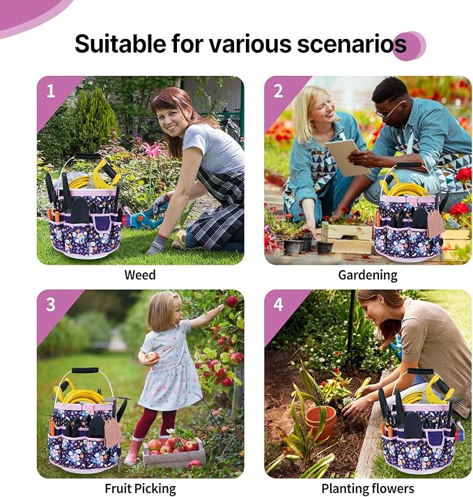 MELOTOUGH Bucket Caddy Organizer Bucket Tool Organizer for Garden Tools Fit 3.5 to 5 Gallon Bucket (Purple Flower)