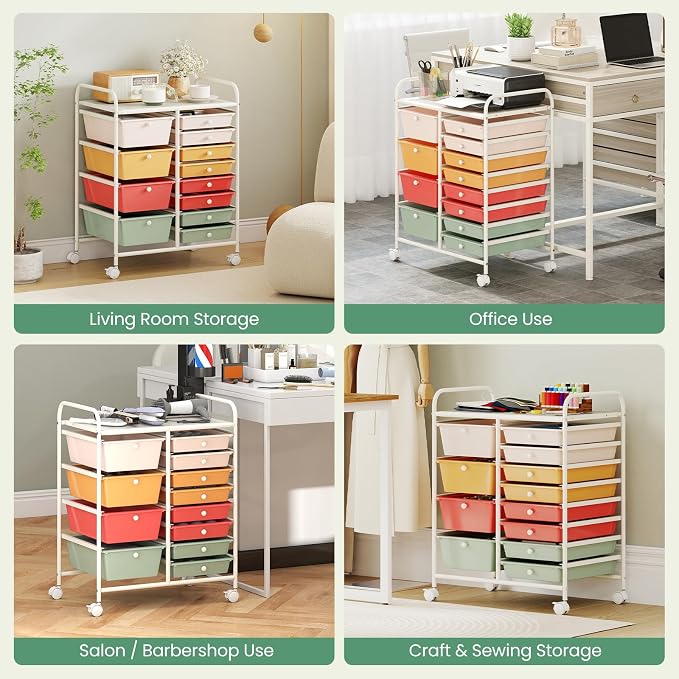BECOMFORT 15-Drawer Rolling Cart with Drawers, Storage Cart on Wheels, Teacher Classroom Organizers with Metal Frame, Mobile Craft Cart for Tools