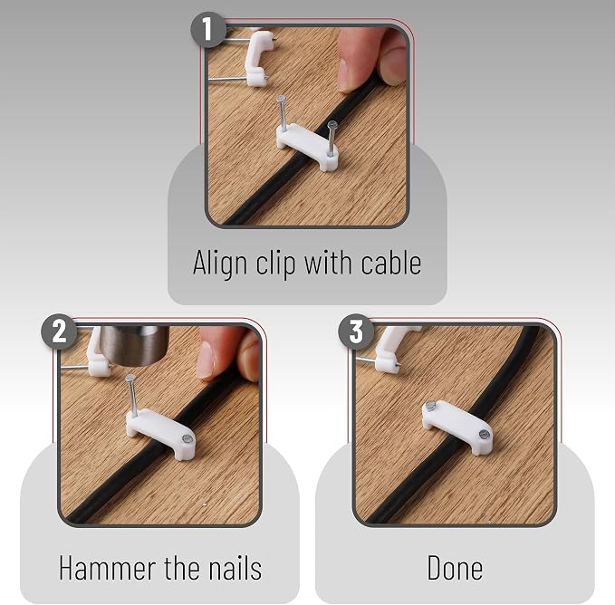 Bates- Cable Clips with Steel Nails, 200 pcs, White, Large, 2-Nail Cord Clips for Wires on Wall, Cable Wall Clip, Wire Wall Clips, Cable Wire Clips, Coaxial Cable Clips, Cord Wall Clip