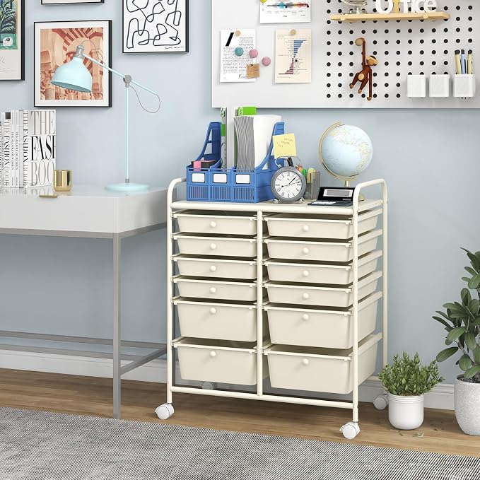 DREAMADE Rolling Cart with Storage Drawers, Utility Cart with Removable Plastic Drawers, Lockable Wheels, Art Cart for Classroom Organization Art Supplies Office Scrapbook (12 Drawers, White)
