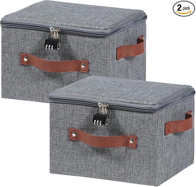 2PCS Storage Bins Boxes with Zipper Lid Combination Lock Cotton Linen Fabric Lidded Lockable Baskets PU Leather Handles Collapsible Washable Closet Shelf Organizer Container (Gray, Small)
