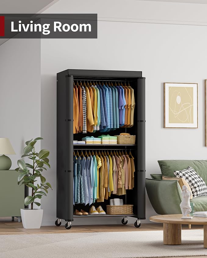 Sakugi Clothes Rack with Cover, Wardrobe Closet, 35.4"x17.7"x79.7", Iron | Bedroom, Dorm, Apartment, Open Front, Heavy Duty, Lockable Wheels, Rust-Resistant, Black