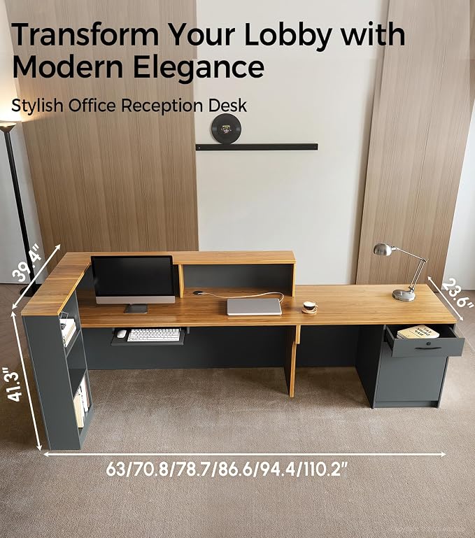 Modern L-Shaped Reception Desk with Counter - 87 inch Front Desk with Storage Cabinet, Open Shelves, Lockable Drawer & Keyboard Tray for Office, Lobby, Checkout (Dark Walnut & Iron Gray - Left)