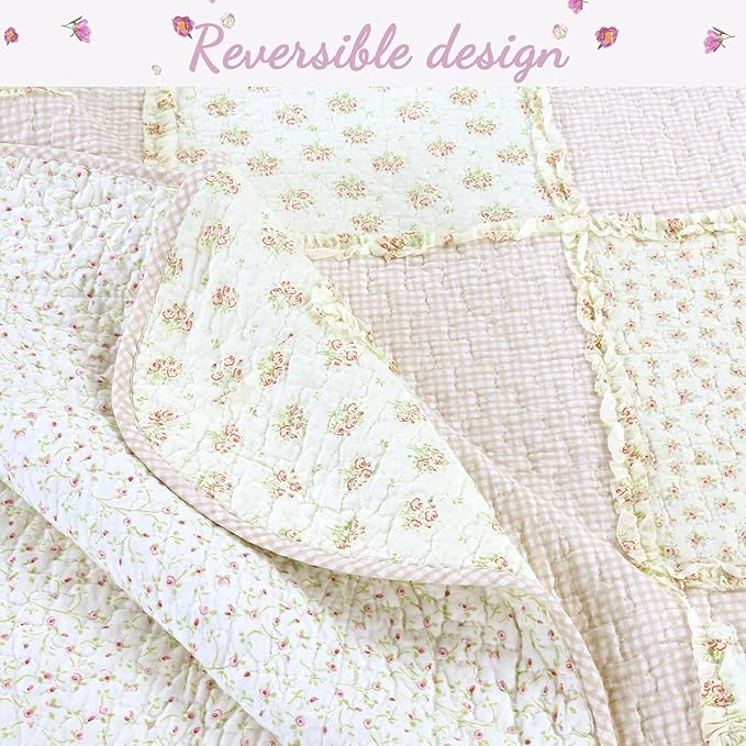 Cozy Line Home Fashions Floral Light Pink True Patchwork 100% Cotton Girl Quilt Bedding Set, Reversible Coverlet Bedspread (Sweet Peach, Queen - 3 Piece)