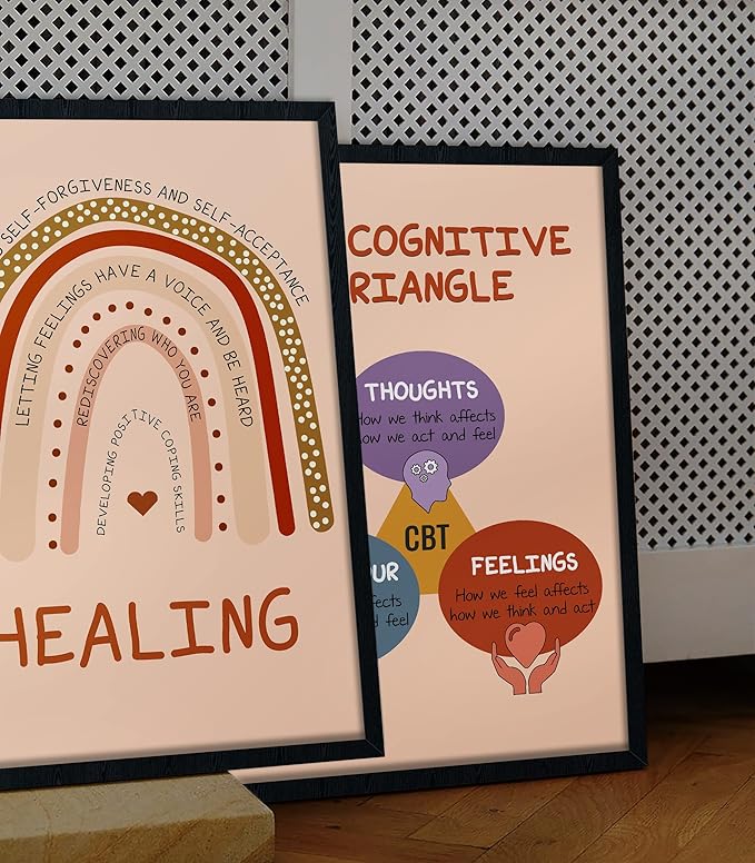 LOLUIS Mental Health Poster, Boho Therapy Tools Educational Supplies Art Print Classroom School Office Decor (Healing, Custom Frame Type)