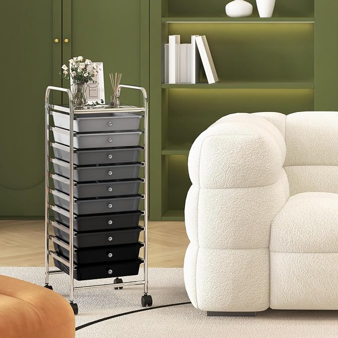 DREAMADE Rolling Cart with Storage Drawers, Utility Cart with Removable Plastic Drawers, Lockable Wheels, Art Cart for Classroom Organization Art Supplies Office Scrapbook (10 Drawers, Mixed-black)