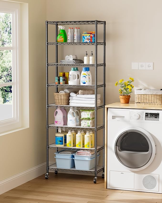 Golpart Shelves Storage Shelf Wire Closet Bathroom Organizers Metal Pantry | 8 tier Kitchen Garage Shelving Unit Laundry Room Organization Home Rack Net Basket Black with Wheels 11.7”D X 22”W X 74.2”H