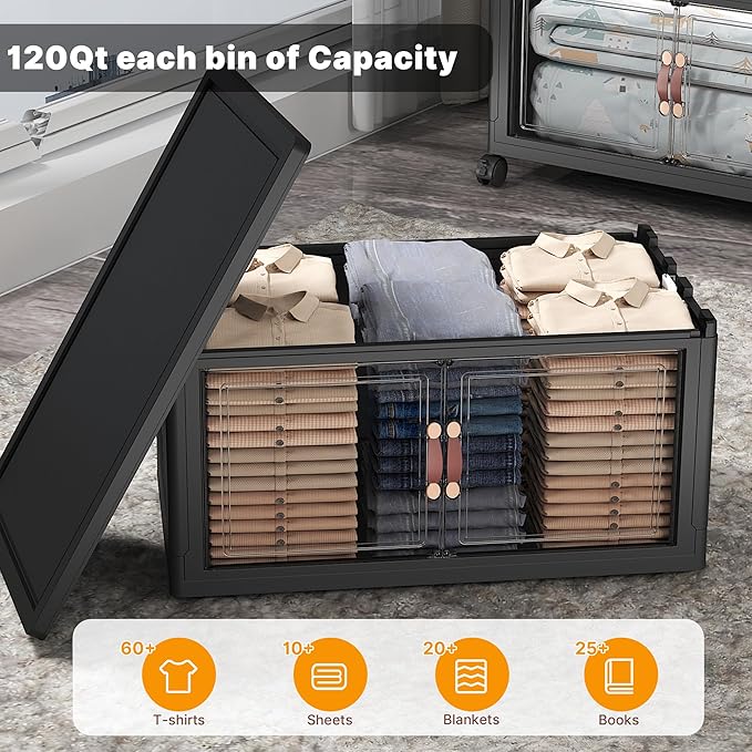 UAMFURI Stackable Storage Bins with Lids, Extra Large Plastic Organizer Cabinet Drawers, 448QT Collapsible Closet Containers with Doors and Wheels,For Bedroom, Kitchen, Office, Garage,(4Pack Cube)