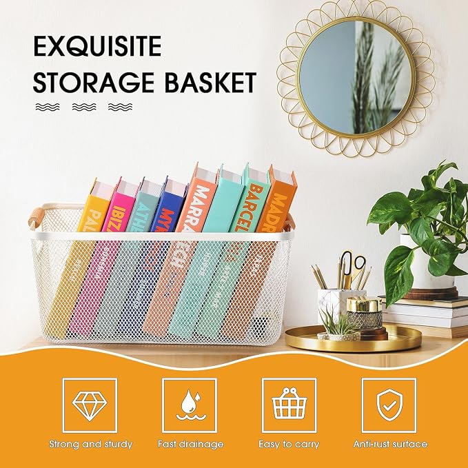 Ziliny 4 Pcs Metal Mesh Wire Baskets with Wooden Handles for Organizing, Pantry Organizers and Storage Steel Bin Kitchen Baskets for Fruit Potato Onion Snacks Bathroom Cabinet(Extra Large,Cream White)