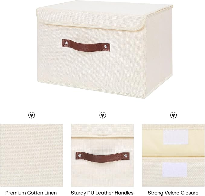 ANMINY Storage Bin with Lid Storage Boxes with PU Leather Handles PP Plastic Board Decorative Foldable Lidded Cotton Linen Fabric Home Cubes Baskets Closet Organizer Container - Beige, Medium