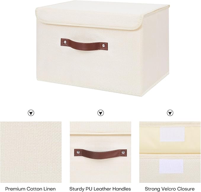 ANMINY 4PCS Storage Bin with Lid Storage Boxes with PU Leather Handles PP Plastic Board Decorative Foldable Lidded Cotton Linen Fabric Home Cubes Baskets Closet Organizer Container - Beige, Medium