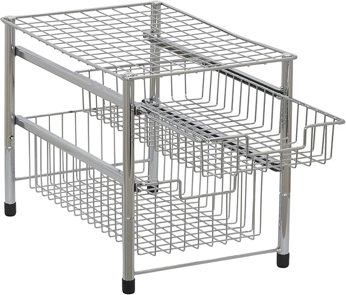 Household Essentials Free Standing Two Basket Sliding Cabinet Organizer with Metal Frame, Silver Finish