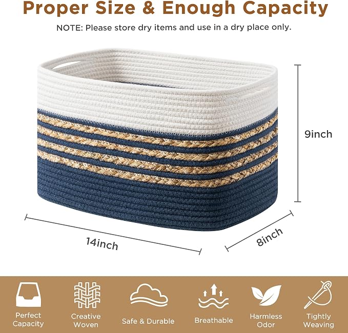 UBBCARE 4 Pack Baskets for Organizing, Woven Storage Baskets for Toys and Towel, Rectangle Cotton Rope Basket with Handles, 14''L x 8''W x9''H, Navy Blue