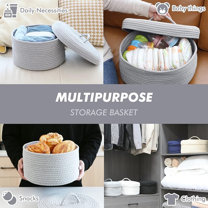 Sea Team Round Cotton Rope Storage Basket with Lid, Lidded Woven Storage Bin, Nursery Storage Container, Diaper Caddy, Baby Shower Basket, Box, Organizer, 11.8 x 11.8 x 6.7 Inches (Medium, Grey)