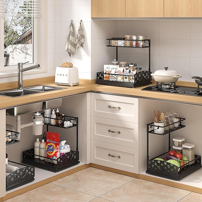 Sevenblue Under Sink Organizers, 2-Tier Multi-Use Kitchen and Bathroom Organizers and Storage with Sliding Drawers, Bathroom Cabinet Organizer (Metal, 2 Pack)