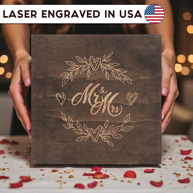 Mr and Mrs Wedding Memory Box- Wooden Keepsake Box with Lid for Couples, Rustic Storage Box for Cards, Photos & Mementos, Anniversary & Engagement Gift- 11.4x11.4x4.5 Inches