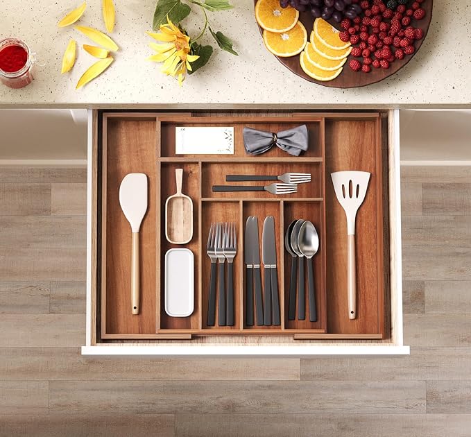 Fibogollo Expandable Kitchen Drawer Organizer,Acacia Wood Silverware Organizer,Adjustable Flatware Tray for Utensils(16.93 * 13.19~22.44 * 1.97)
