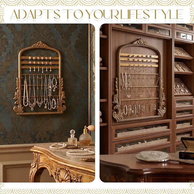 Wonderjune 20 x 15in Large Hanging Jewelry Organizer, Vintage Gold Arched Frame Earring Holder for Necklaces Rings Bracelets, Wall Mount Decorative Jewelry Rack for Vendors