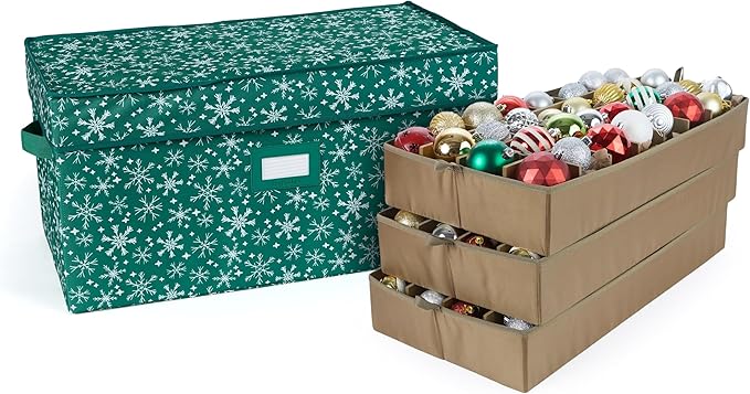 Covermates Keepsakes Adjustable Ornament Storage Box – Heavy-Duty Polyester, Padded Dividers & FlexGrid Trays – Protective Holiday Organizer with Stackable Walls & Label Window, Green Snowflake