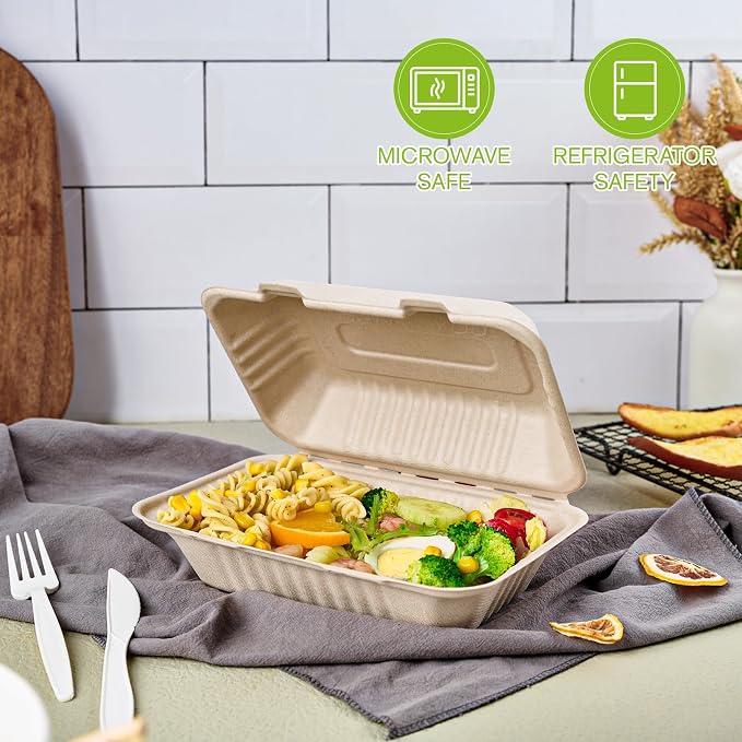 ECOLipak 75 Pack Compostable Clamshell Take Out Food Containers, 9x6 inch | Heavy-Duty Disposable To Go Boxes, Eco-Friendly Biodegradable To Go Containers For Food, Perfect for Next Day Lunch, Party