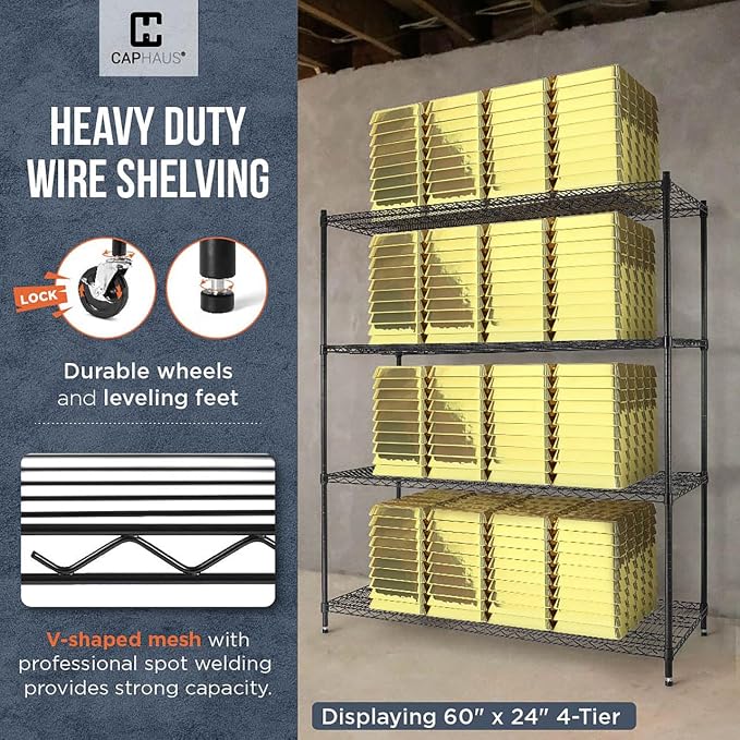 CAPHAUS NSF Commercial Grade Wire Shelving w/Wheels, Leveling Feet & Liners, Storage Metal Shelf, 36 x 18 x 76 5-Tier No Liner (RWW-CH36185HDW-BK@CH-CM)