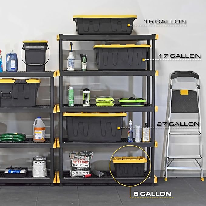 BLACK & YELLOW, 5-Gallon Heavy Duty Storage Bins with Lids, Stackable Plastic Storage Bins with Weather-Resistant Design, Home Organization, 6 Pack (8.6"H x 12.3"W x 16.4"D)