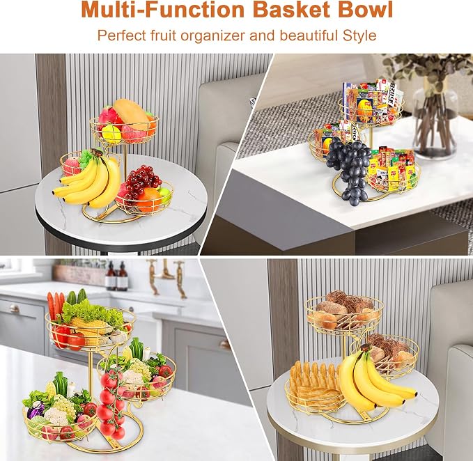 Livabber Fruit Basket Bowl with Banana Hanger, Fruit Vegetable Storage Basket with Banana Tree Holder for Kitchen Counter, Detachable Organizer for Bread Snack Produce (Gold, 3-Tier Metal Base)