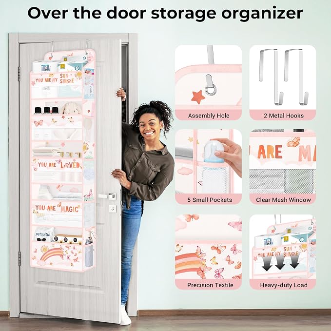 Clastyle Over the Door Organizer Diaper Toy Nursery Hanging Shelf, Rainbow | Cloud Butterfly, 5-Tier Clear Window Mesh Pocket 44 lbs Weight Capacity, Behind Door Storage, Bedroom Bathroom Closet Pantry