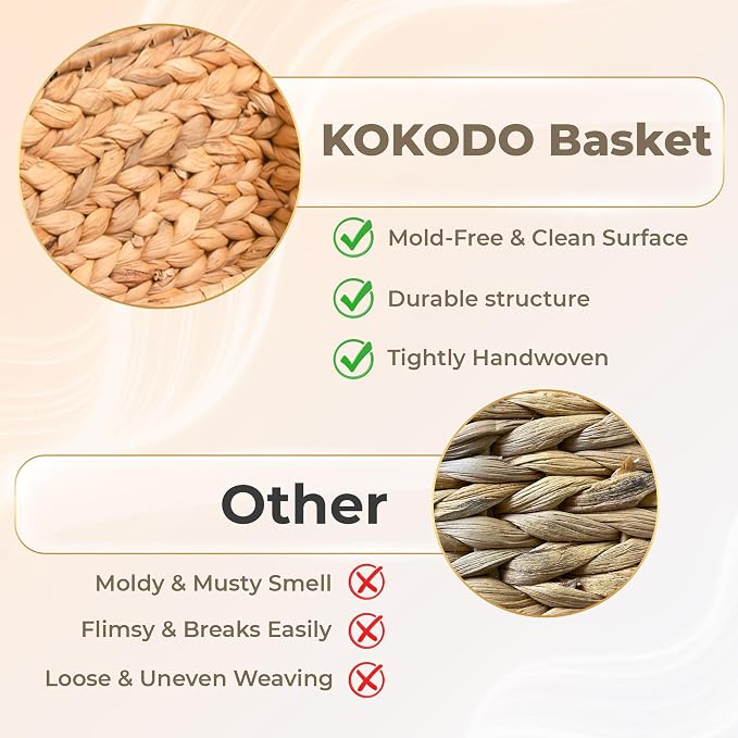 KOKODO Rectangular Wicker Storage Baskets for Shelves, Set of 3 Water Hyacinth Woven Bins with Handles, Open Front Pantry Shelf Organizer for Closet, Bedroom, Boho Decorative, Natural