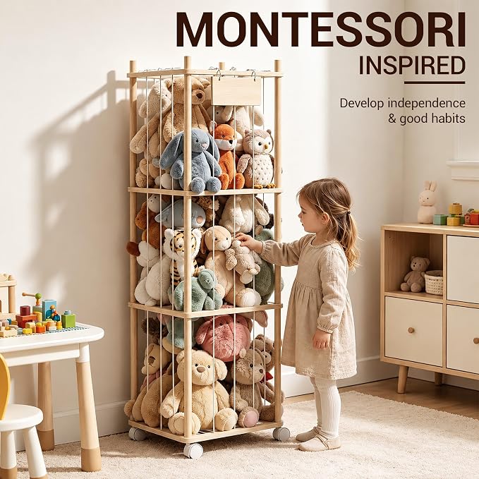 KiddoCood Kids Large Stuffed Animal Storage & Plush Toy Organizer, 54.5" H | 3 Tier Solid Wood Plush Holder, BPA-Free & Zero Glue, CPC & TIC Certified, Corner Solution for Playroom & Nursery