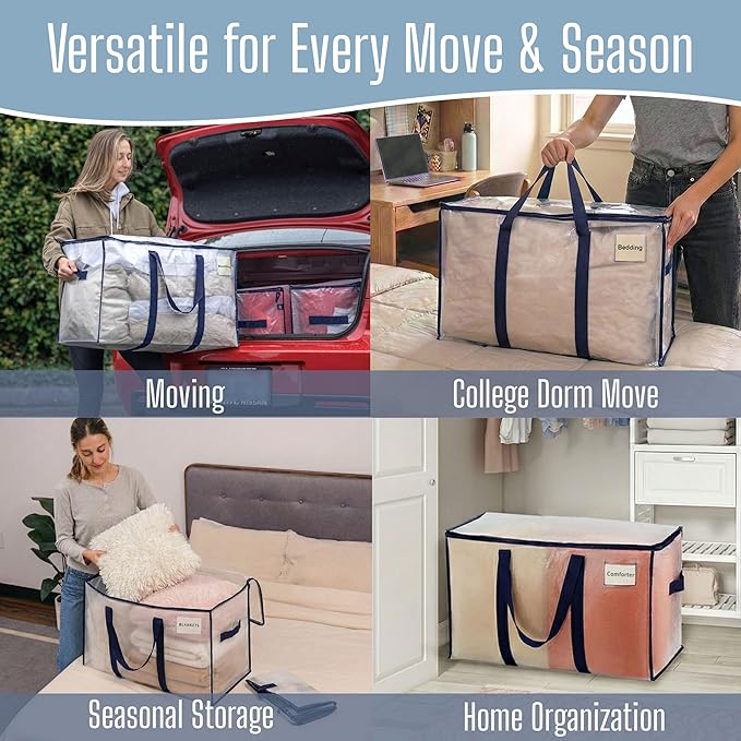 VENO 4 Pack Heavy Duty Moving Bags, Extra Large Storage Bags with Reinforced Handles & Strong Zippers, Foldable & Reusable Moving Box Alternative for Clothes & Dorm Storage