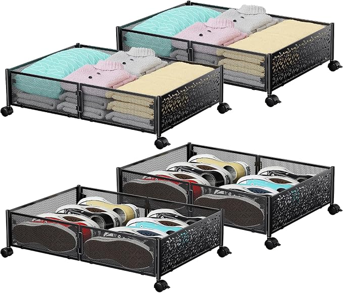 PHINOX Under Bed Storage, Under the Bed Storage Containers with Wheels, Under Bed Shoe Storage Organizer Drawer for Bedroom Clothes Shoes Blankets -4Pack