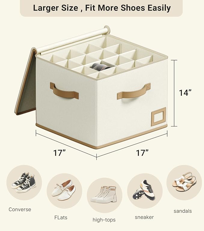 Vailando Shoe Organizer for Closet – Square Shoe Storage Box with Adjustable Dividers, Foldable Shoe Organizer for Shoes & Boots, Beige, 2-Pack, Large