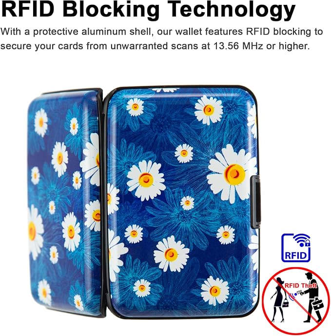 Credit Card Holder, Metal Card Wallet RFID Blocking Mini Slim Aluminum Business Hard Card Case for Women Men (Chamomiles)