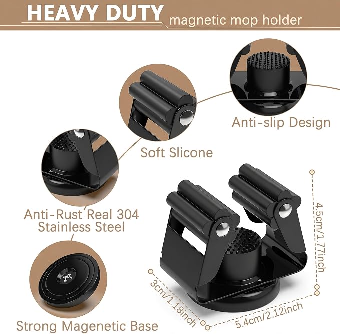 3-H Magnetic Broom Holder with Strong Magnetic Hook 16 Pack,Broom Holder Wall Mount for Garage Garden Shed Storage System Laundry Room Home Kitchen Organization(Black)