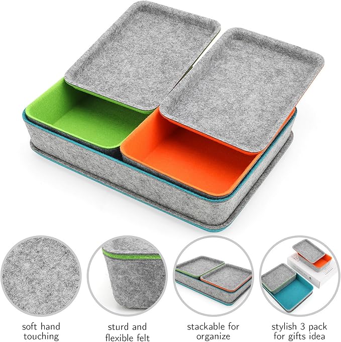 Welaxy stackable Lidded drawer organizer bins home office work desktop storage box with lid for junk makeup stationery decluttering sorting 3-pack gift idea (Orange + Green + Turquoise)