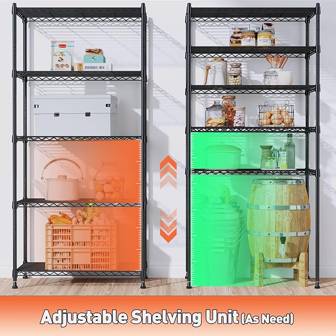 Romorgniz 5-Tier Shelf 1010LBS Storage Shelves Adjustable Wire Shelving,Tool-Free Assembly,Metal Shelving Unit for Kitchen Pantry Closet Laundry Bathroom 59" Hx21.7 Wx13.8 D,Black,2P
