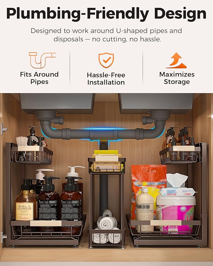 Sevenblue 3 Pack Under Sink Organizer, Multi-Purpose 2 Tier Pull-Out Metal Under Kitchen Sink Organizer, Height Adjustable Storage Shelves for Kitchen Bathroom Cabinet (Brown)