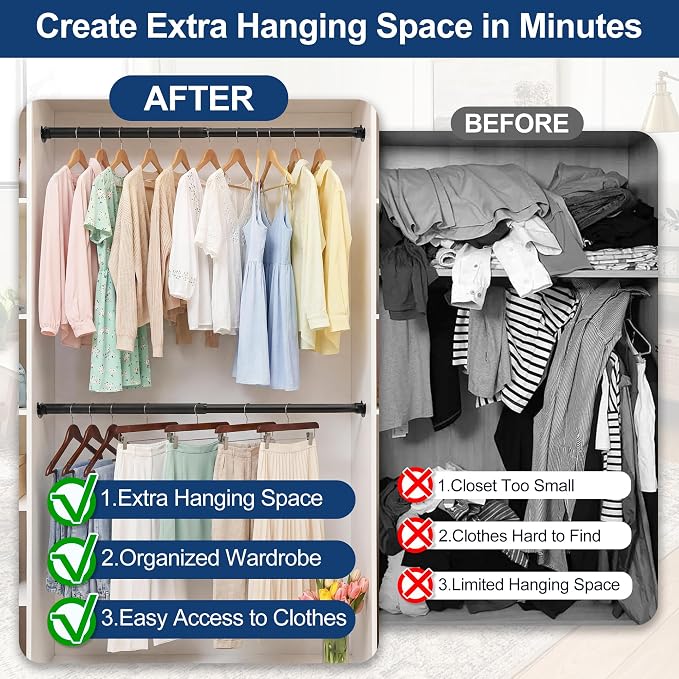 Adjustable Closet Rod for Hanging Clothes, 17-99inch Heavy Duty Metal tension clothes rod，1.3Inches Closet Pole with Hardware Kit for Closet Organization Laundry Room RV, Black