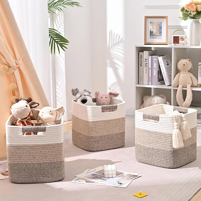 12 Inch Storage Cubes, 3 Pack Cube Storage Bins for Organizing, Cotton Rope Woven Baskets for Shelves, Bathroom, Kids Room, Closets, Baby Nursery